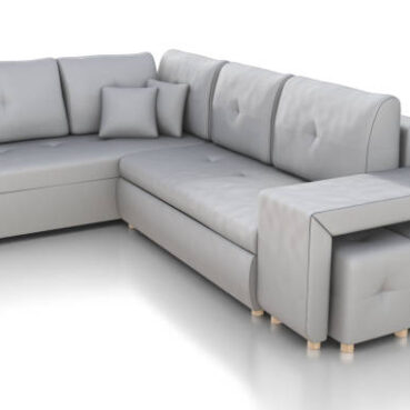 Beige corner settee sofa with pillows, 3d render