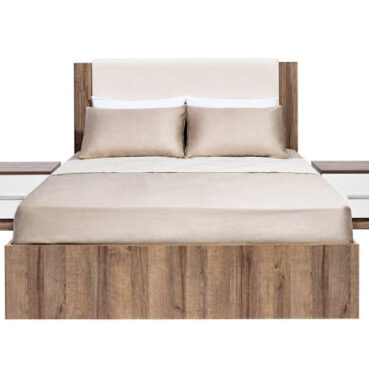 Brown wooden bed with linens isolated on white background