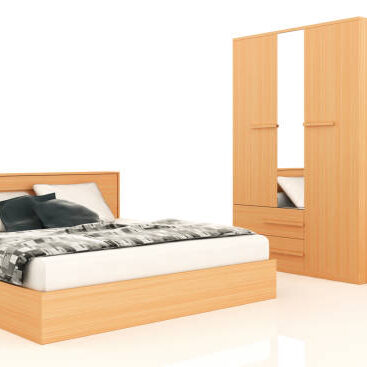 Light Color Bedroom furniture white background. Bed, wardrobe and vanity table