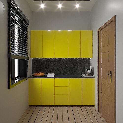 High Gloss Yellow kitchen cabinet (Base and Wall unit) with granite