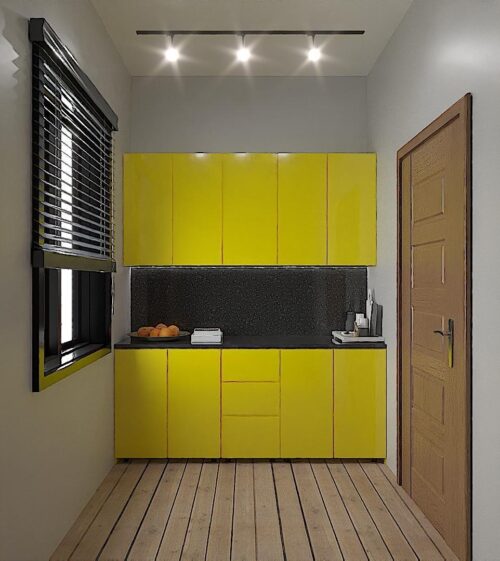 High Gloss Yellow kitchen cabinet (Base and Wall unit) with granite