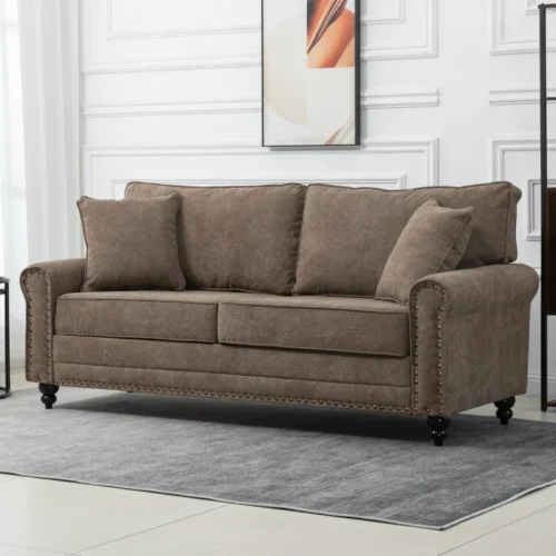 brown fabric 3 seater sofa with nailhead trim cushions 196cm width 1