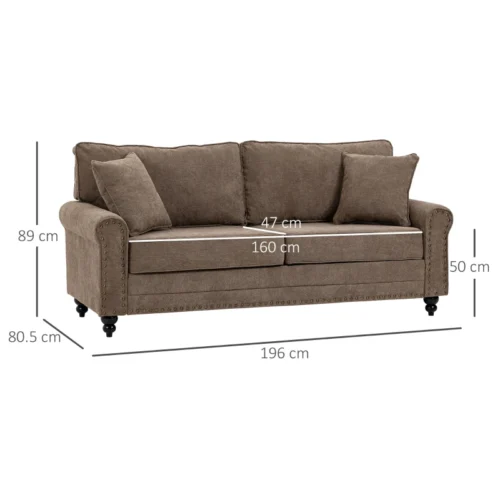 brown fabric 3 seater sofa with nailhead trim cushions 196cm width 2